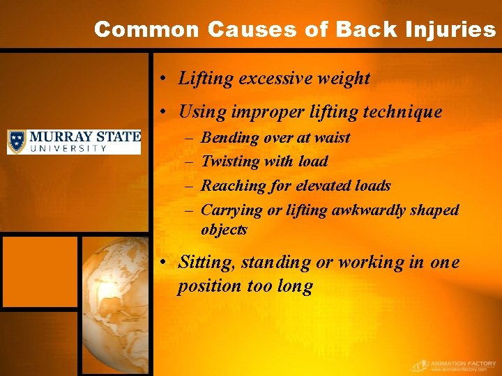 Common Causes of Back Injuries • Lifting excessive weight • Using improper lifting technique