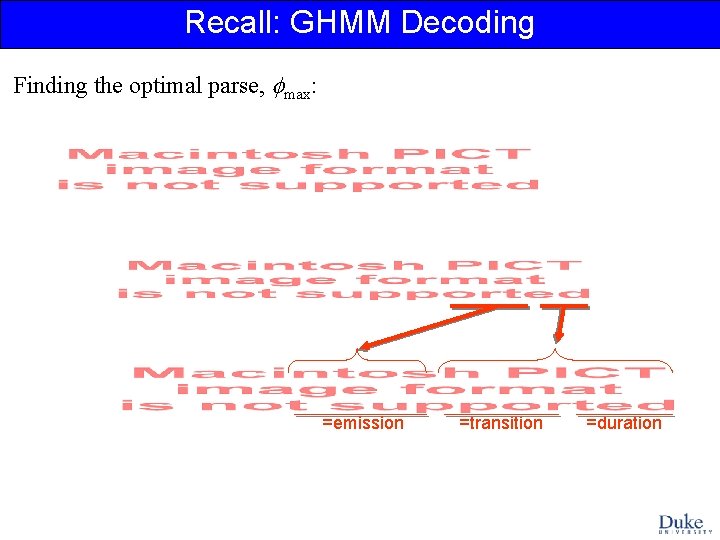 Recall: GHMM Decoding Finding the optimal parse, max: =emission =transition =duration 