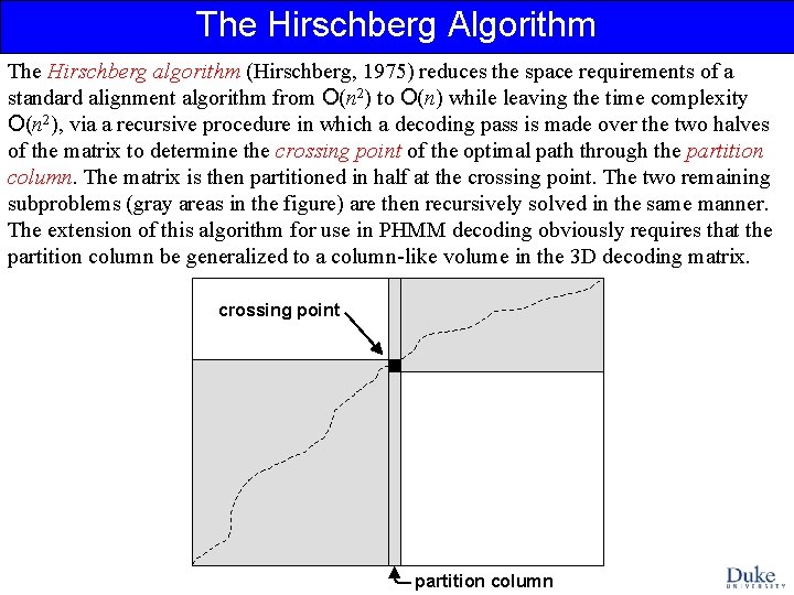 The Hirschberg Algorithm The Hirschberg algorithm (Hirschberg, 1975) reduces the space requirements of a