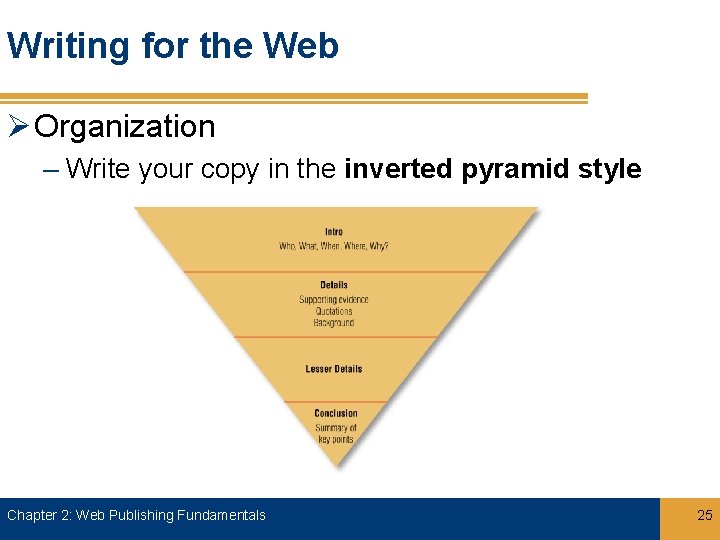 Writing for the Web Ø Organization – Write your copy in the inverted pyramid