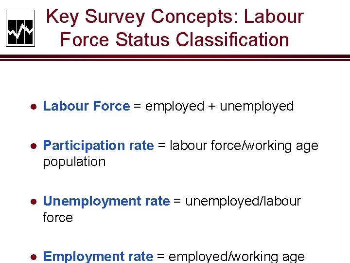 Key Survey Concepts: Labour Force Status Classification l Labour Force = employed + unemployed