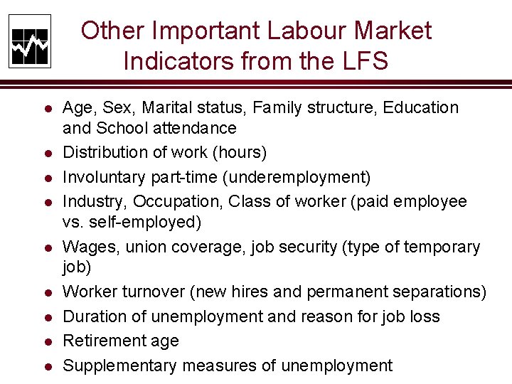 Other Important Labour Market Indicators from the LFS l l l l l Age,