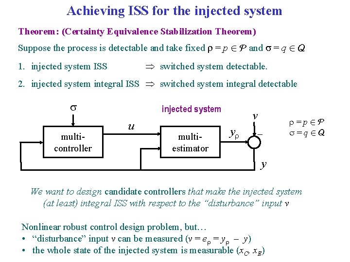 Achieving ISS for the injected system Theorem: (Certainty Equivalence Stabilization Theorem) Suppose the process