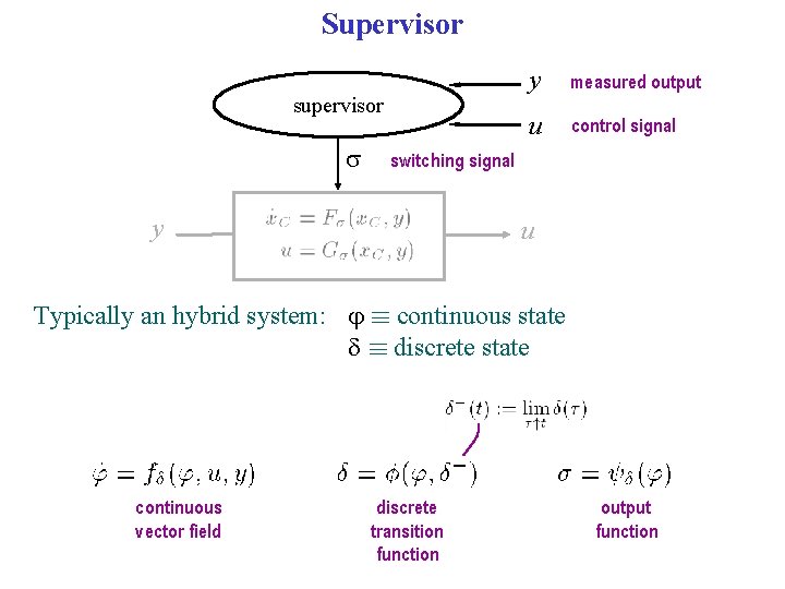 Supervisor s y measured output u control signal switching signal y u Typically an