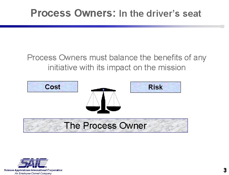 Process Owners: In the driver’s seat Process Owners must balance the benefits of any