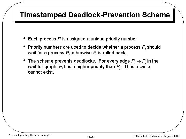 Timestamped Deadlock-Prevention Scheme • • Each process Pi is assigned a unique priority number