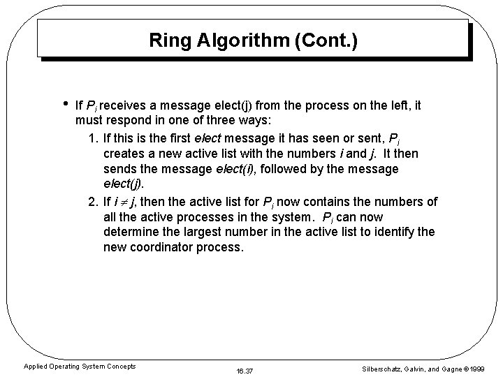 Ring Algorithm (Cont. ) • If Pi receives a message elect(j) from the process