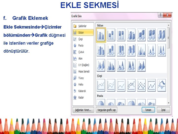EKLE SEKMESİ f. Grafik Eklemek Ekle Sekmesinde Çizimler bölümünden Grafik düğmesi ile istenilen veriler