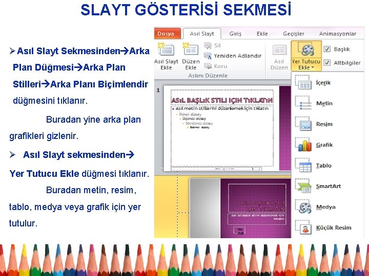 SLAYT GÖSTERİSİ SEKMESİ ØAsıl Slayt Sekmesinden Arka Plan Düğmesi Arka Plan Stilleri Arka Planı