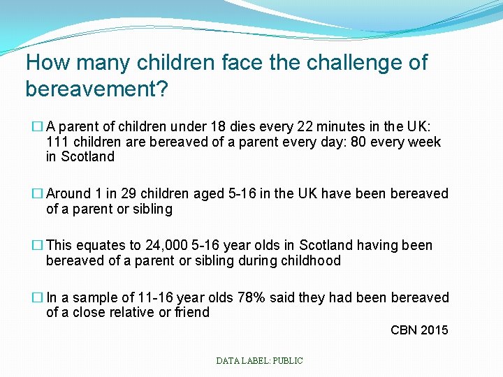 How many children face the challenge of bereavement? � A parent of children under