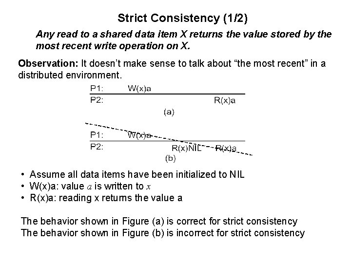Strict Consistency (1/2) Any read to a shared data item X returns the value