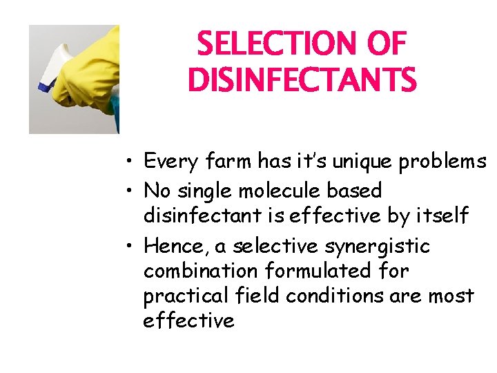SELECTION OF DISINFECTANTS • Every farm has it’s unique problems • No single molecule