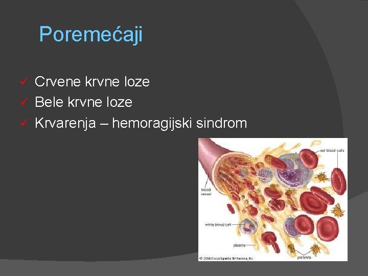 Poremećaji Crvene krvne loze ü Bele krvne loze ü Krvarenja – hemoragijski sindrom ü