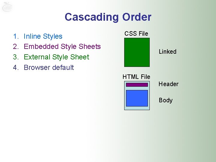 Cascading Order 1. 2. 3. 4. Inline Styles Embedded Style Sheets External Style Sheet