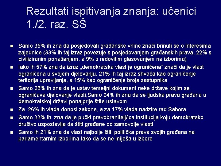 Rezultati ispitivanja znanja: učenici 1. /2. raz. SŠ n n n Samo 35% ih