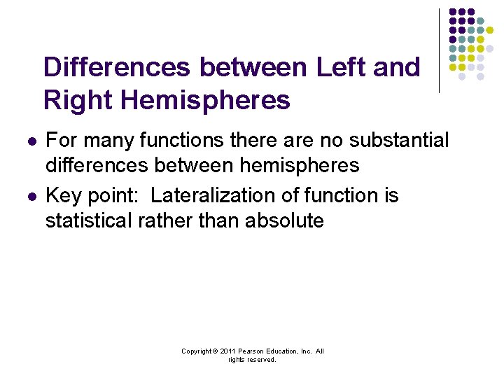 Differences between Left and Right Hemispheres l l For many functions there are no