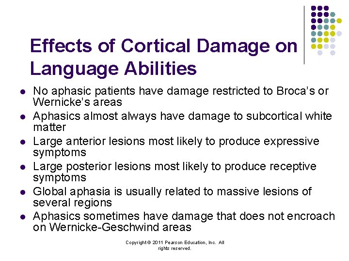 Effects of Cortical Damage on Language Abilities l l l No aphasic patients have