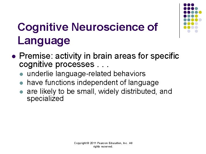 Cognitive Neuroscience of Language l Premise: activity in brain areas for specific cognitive processes.