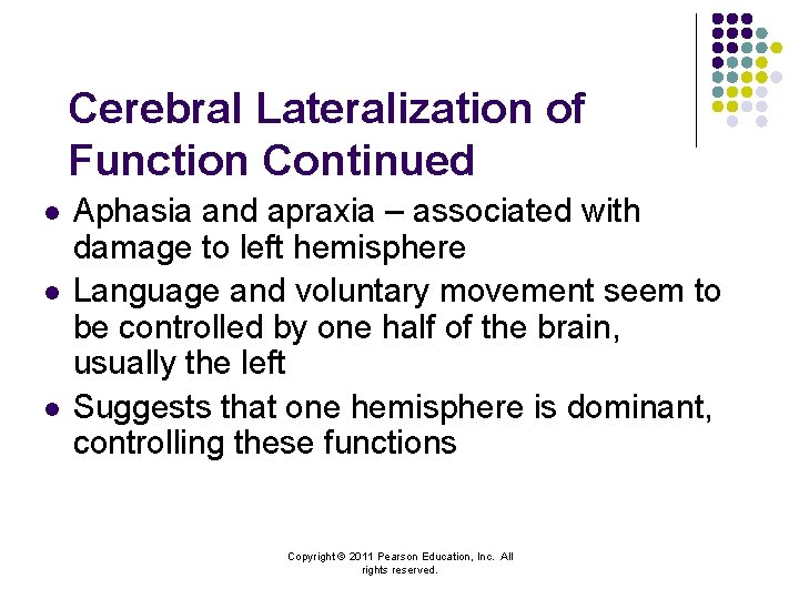 Cerebral Lateralization of Function Continued l l l Aphasia and apraxia – associated with