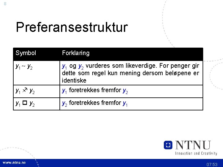 8 Preferansestruktur Symbol Forklaring y 1 y 2 y 1 og y 2 vurderes