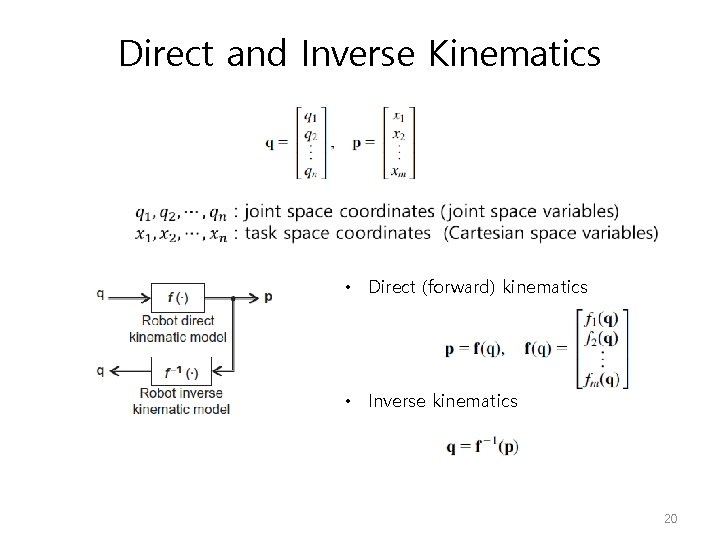 Direct and Inverse Kinematics • Direct (forward) kinematics • Inverse kinematics 20 