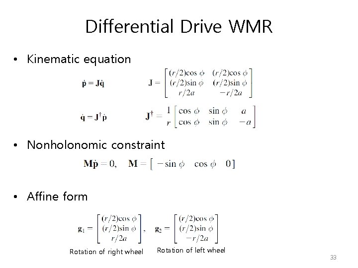 Differential Drive WMR • Kinematic equation • Nonholonomic constraint • Affine form Rotation of