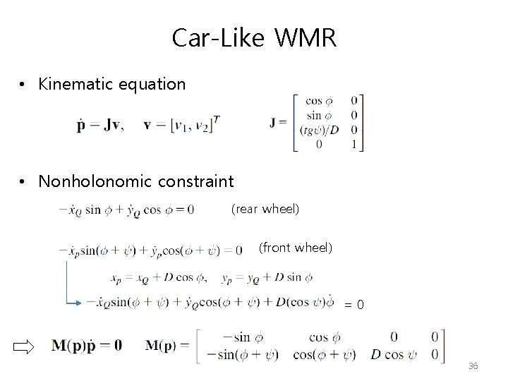 Car-Like WMR • Kinematic equation • Nonholonomic constraint (rear wheel) (front wheel) =0 36