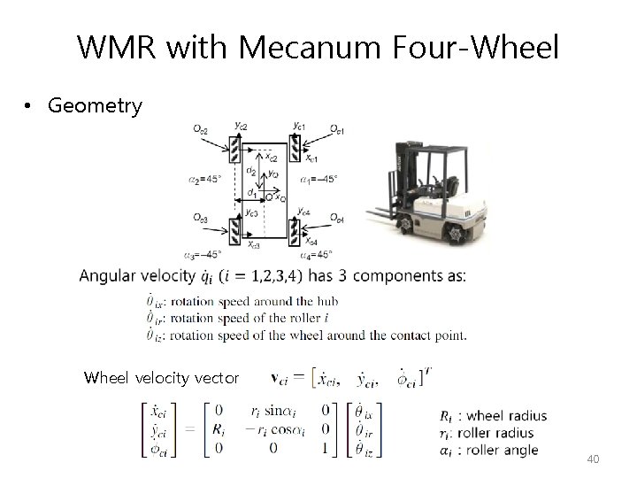 WMR with Mecanum Four-Wheel • Geometry Wheel velocity vector 40 