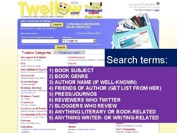 Search terms: 1) BOOK SUBJECT 2) BOOK GENRE 3) AUTHOR NAME (IF WELL-KNOWN) 4)