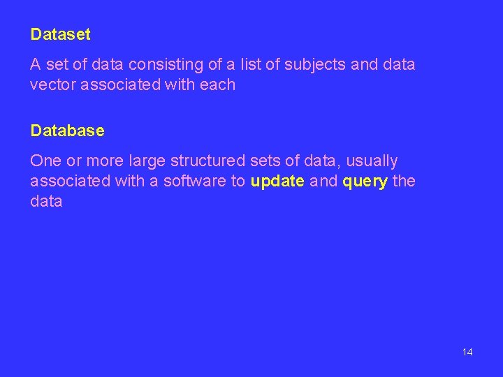 Dataset A set of data consisting of a list of subjects and data vector