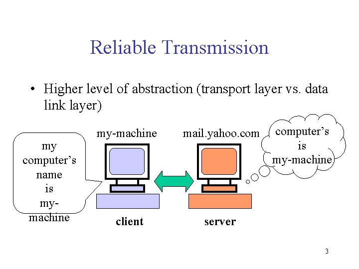 Reliable Transmission • Higher level of abstraction (transport layer vs. data link layer) my