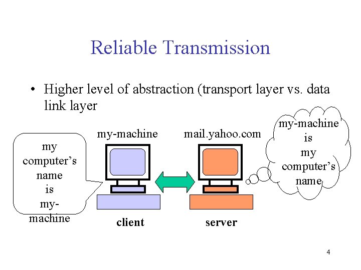 Reliable Transmission • Higher level of abstraction (transport layer vs. data link layer my
