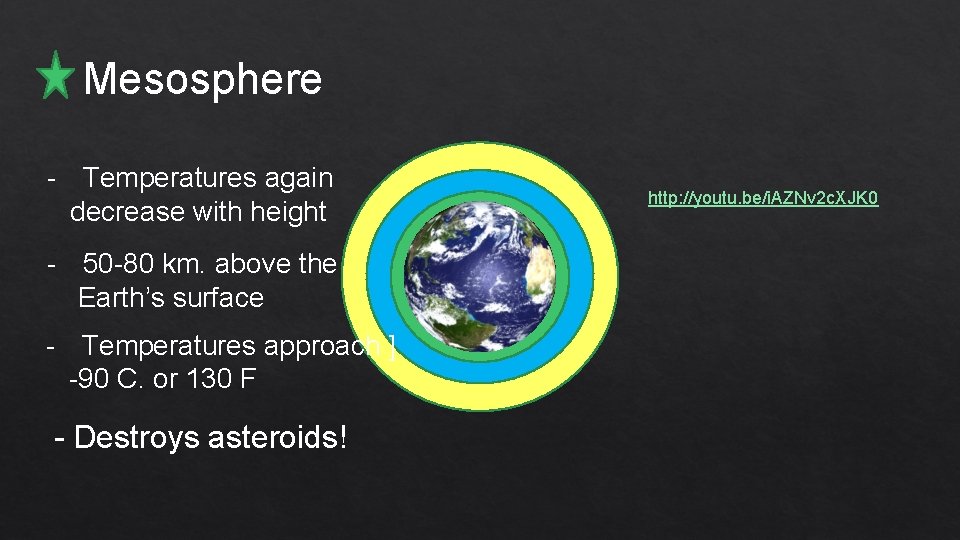 Mesosphere - Temperatures again decrease with height - 50 -80 km. above the Earth’s Mesosphere - Temperatures again decrease with height - 50 -80 km. above the Earth’s