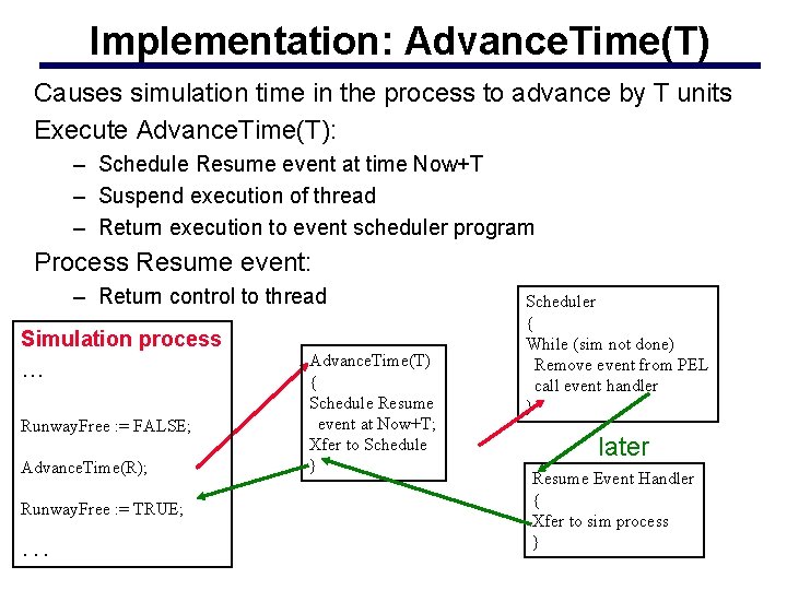 Implementation: Advance. Time(T) Causes simulation time in the process to advance by T units