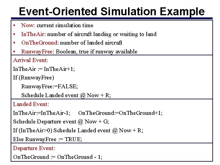 Event-Oriented Simulation Example • Now: current simulation time • In. The. Air: number of