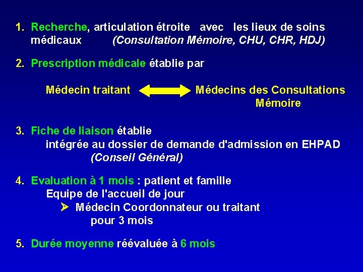 1. Recherche, articulation étroite avec les lieux de soins médicaux (Consultation Mémoire, CHU, CHR,