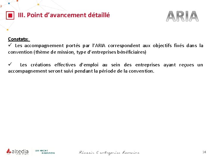 III. Point d’avancement détaillé Constats: ü Les accompagnement portés par l’ARIA correspondent aux objectifs