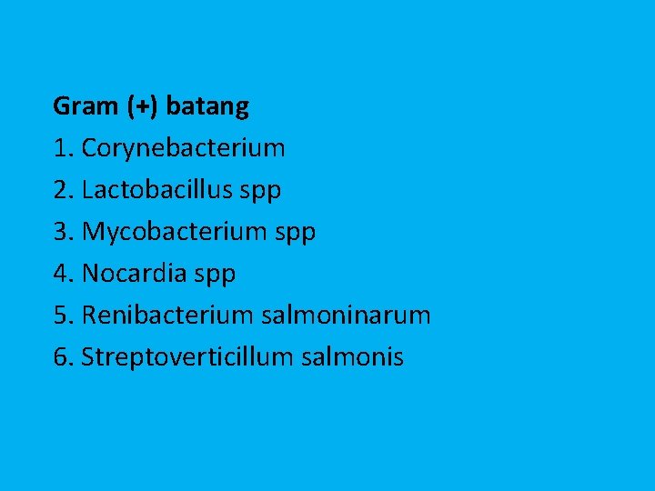 BAKTERI ANAEROB Gram (+) batang 1. Corynebacterium 2. Lactobacillus spp 3. Mycobacterium spp 4.