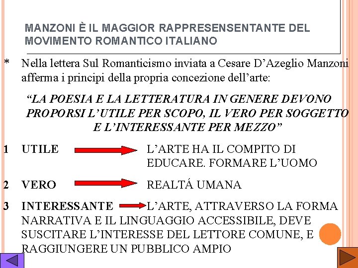 MANZONI È IL MAGGIOR RAPPRESENSENTANTE DEL MOVIMENTO ROMANTICO ITALIANO * Nella lettera Sul Romanticismo