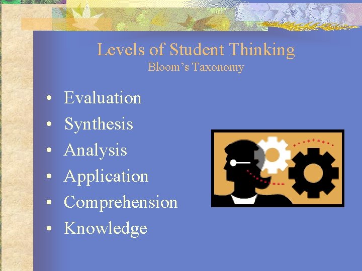 Levels of Student Thinking Bloom’s Taxonomy • • • Evaluation Synthesis Analysis Application Comprehension