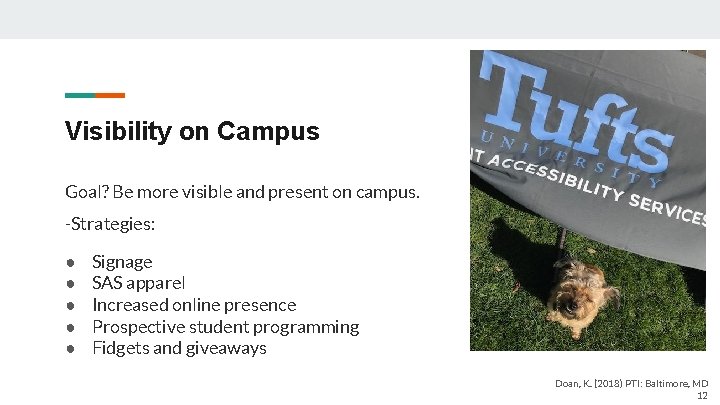 Visibility on Campus Goal? Be more visible and present on campus. -Strategies: ● ●