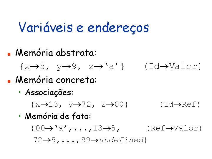 Variáveis e endereços n n Memória abstrata: {x 5, y 9, z ‘a’} (Id