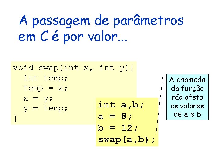 A passagem de parâmetros em C é por valor. . . void swap(int x,