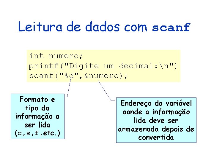Leitura de dados com scanf int numero; printf("Digite um decimal: n") scanf("%d", &numero); Formato