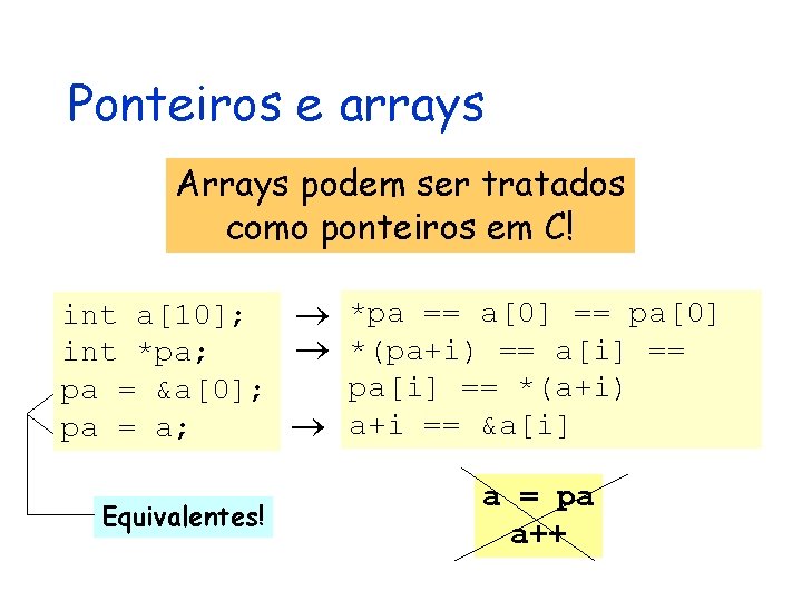 Ponteiros e arrays Arrays podem ser tratados como ponteiros em C! int a[10]; *pa