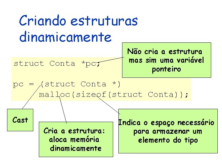 Criando estruturas dinamicamente struct Conta *pc; Não cria a estrutura mas sim uma variável