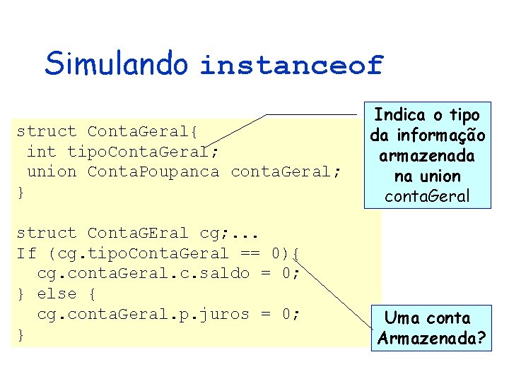 Simulando instanceof struct Conta. Geral{ int tipo. Conta. Geral; union Conta. Poupanca conta. Geral;