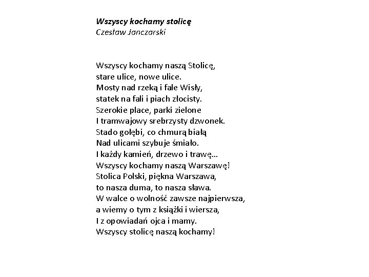 Wszyscy kochamy stolicę Czesław Janczarski Wszyscy kochamy naszą Stolicę, stare ulice, nowe ulice. Mosty