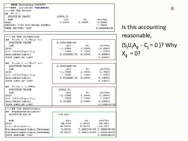 B Is this accounting reasonable, (Si. Ui. Aij – Cj = 0 )? Why