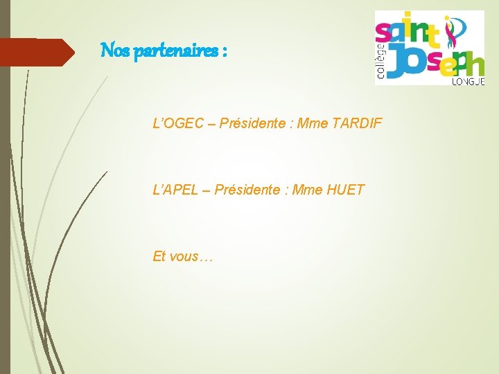 Nos partenaires : L’OGEC – Présidente : Mme TARDIF L’APEL – Présidente : Mme